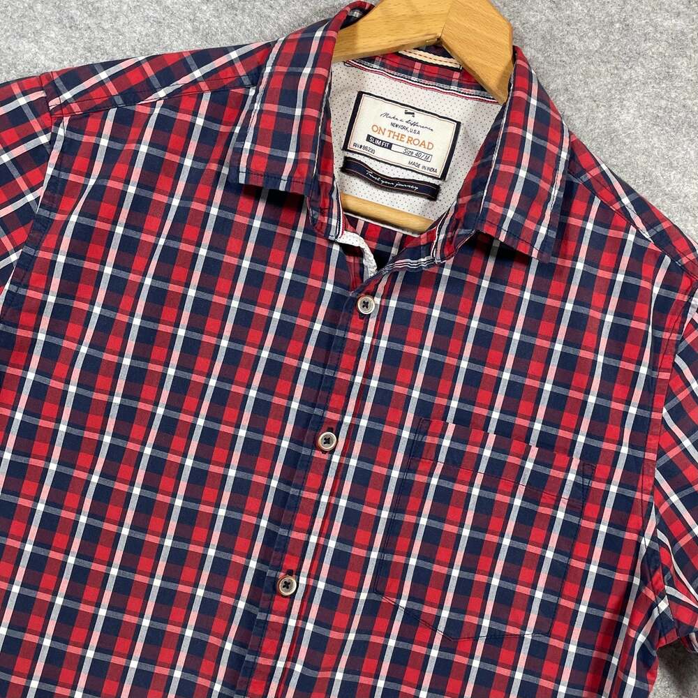 On The Road M/40 Slim Fit Short Sleeve Red and Navy Plaid Cotton Shirt